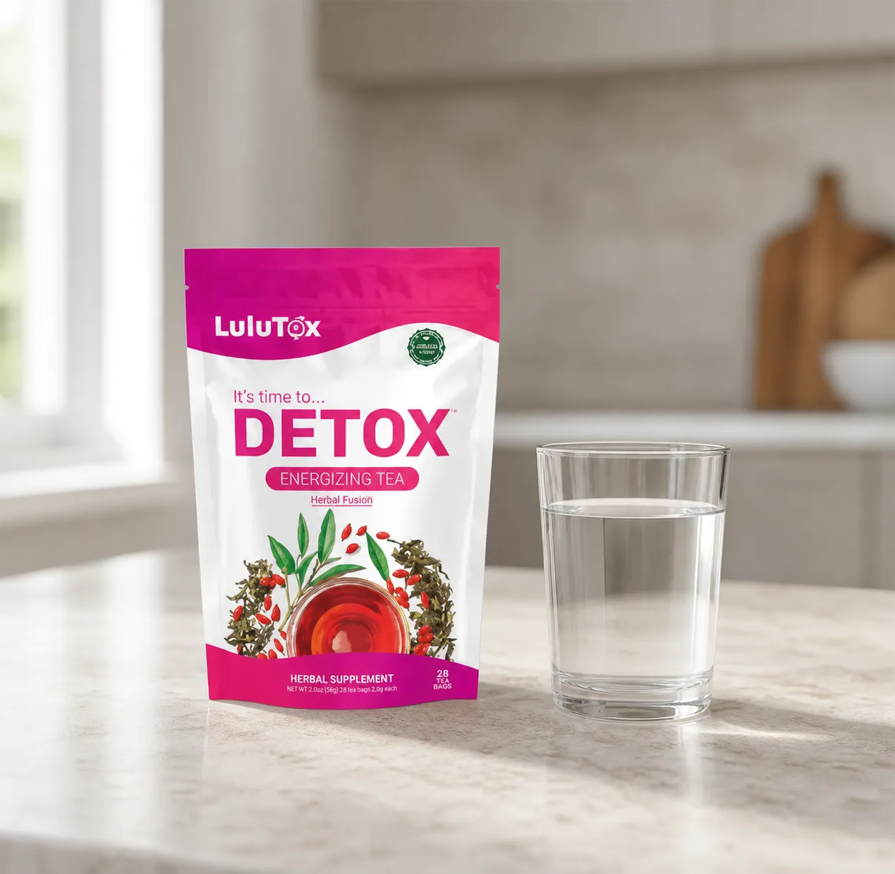 Lulutox Detox Tea — Verpackung im Alltag